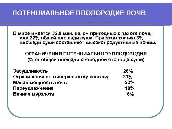 ПОТЕНЦИАЛЬНОЕ ПЛОДОРОДИЕ ПОЧВ В мире имеется 32. 8 млн. кв. км пригодных к пахоте
