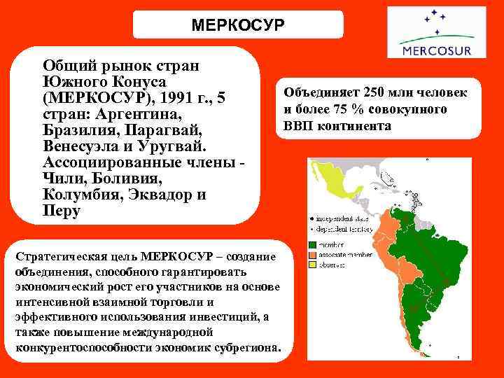       МЕРКОСУР Общий рынок стран Южного Конуса (МЕРКОСУР), 1991