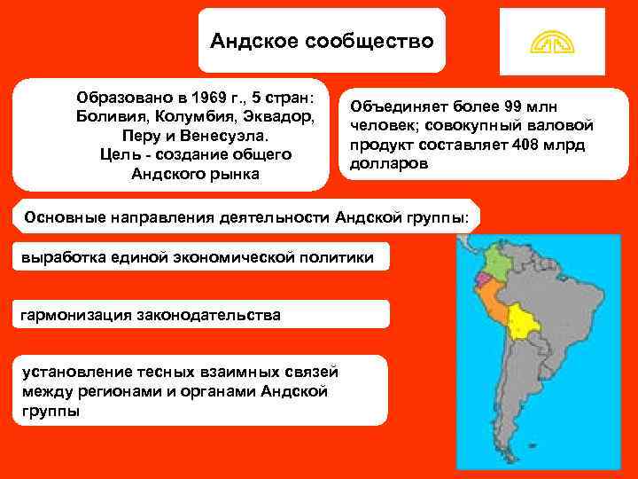     Андское сообщество  Образовано в 1969 г. , 5 стран: