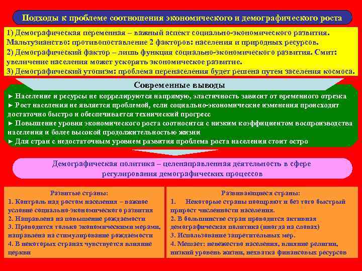   Подходы к проблеме соотношения экономического и демографического роста 1) Демографическая переменная –