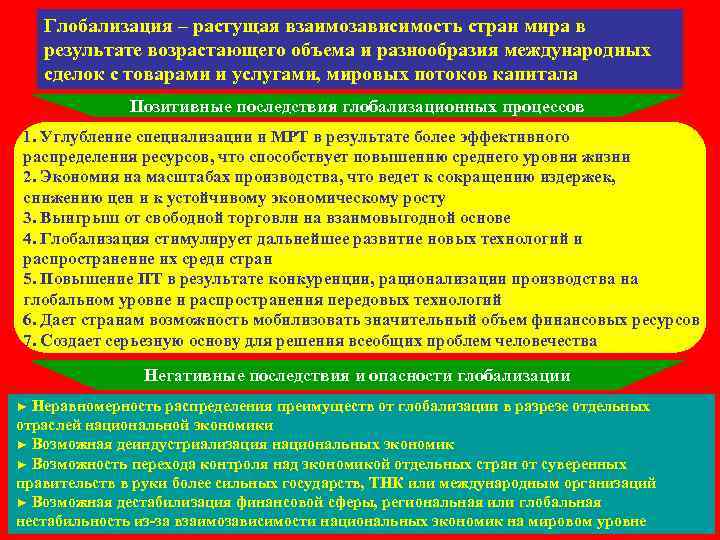   Глобализация – растущая взаимозависимость стран мира в результате возрастающего объема и разнообразия