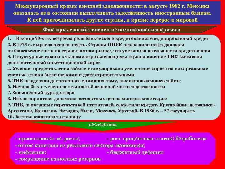   Международный кризис внешней задолженности: в августе 1982 г. Мексика  оказалась не