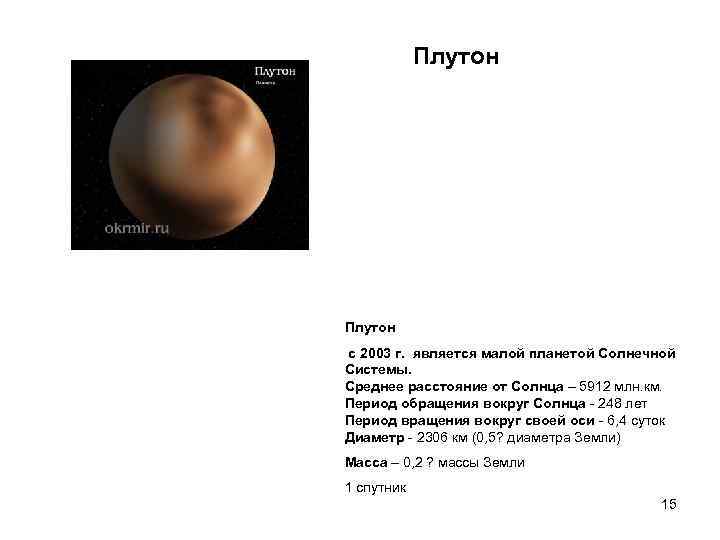   Плутон c 2003 г.  является малой планетой Солнечной Системы.  Среднее