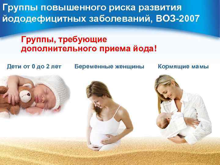 Группы повышенного риска развития йододефицитных заболеваний, ВОЗ-2007 Группы, требующие дополнительного приема йода! Дети от