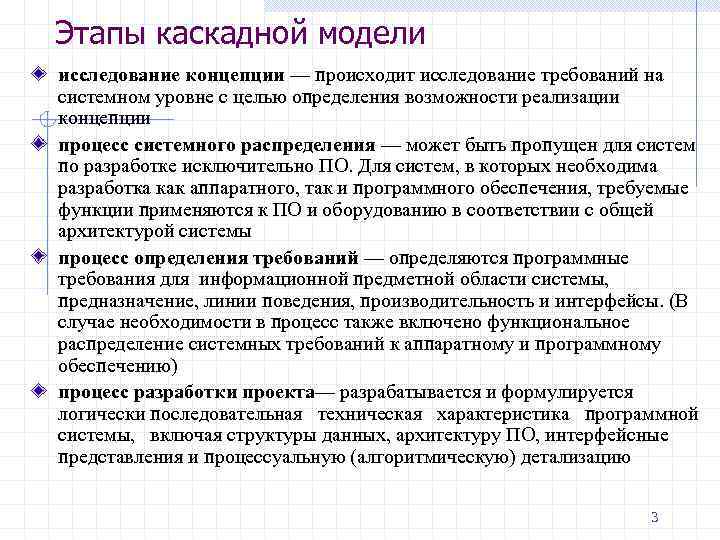 Этапы каскадной модели исследование концепции — происходит исследование требований на системном уровне с целью