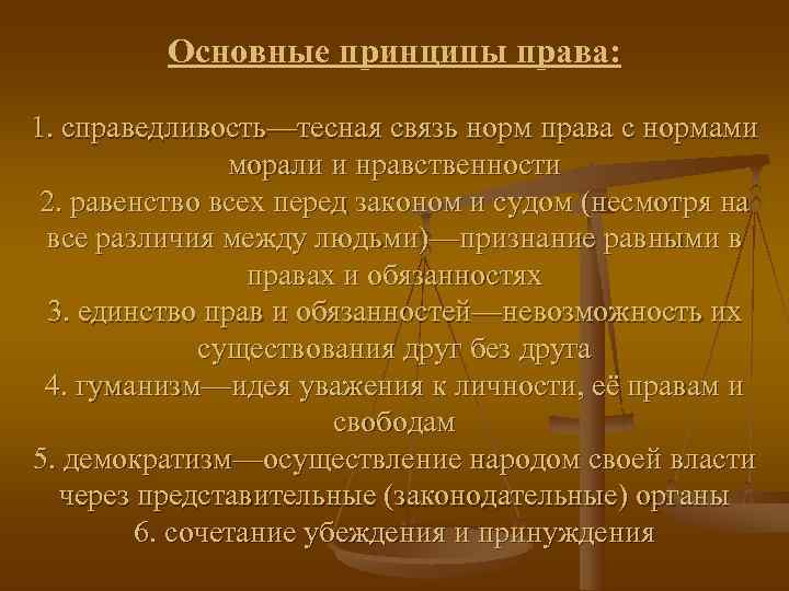    Основные принципы права:  1. справедливость—тесная связь норм права с нормами