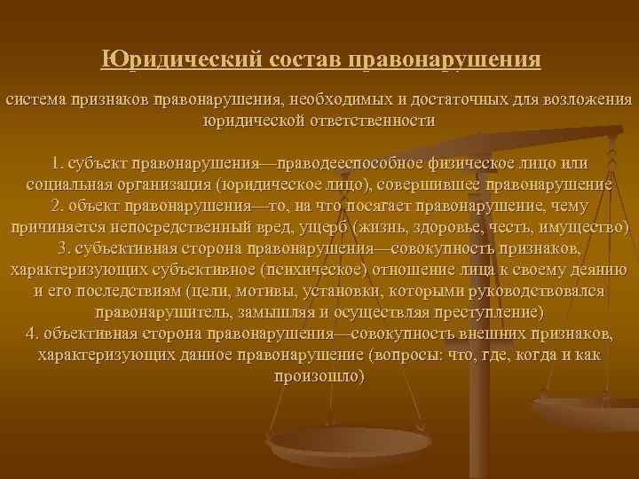   Юридический состав правонарушения система признаков правонарушения, необходимых и достаточных для возложения 