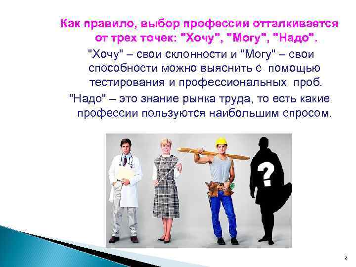 Как правило, выбор профессии отталкивается  от трех точек: 