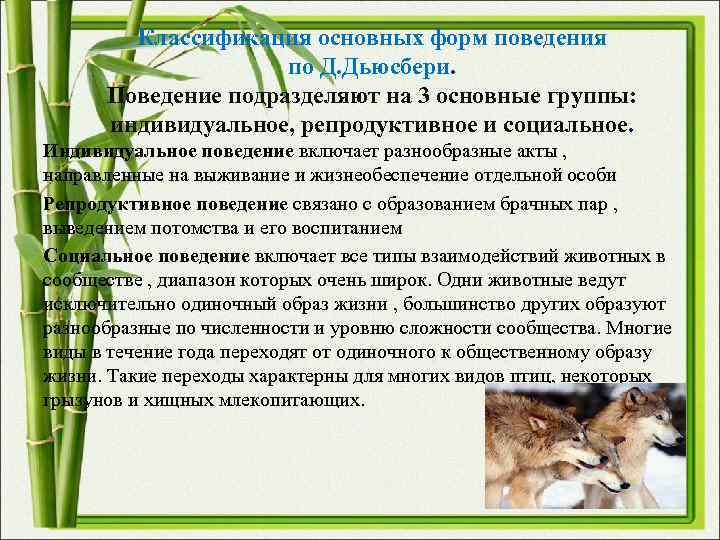 Классификация основных форм поведения по Д. Дьюсбери. Классификация основных форм поведения по Д. Дьюсбери.