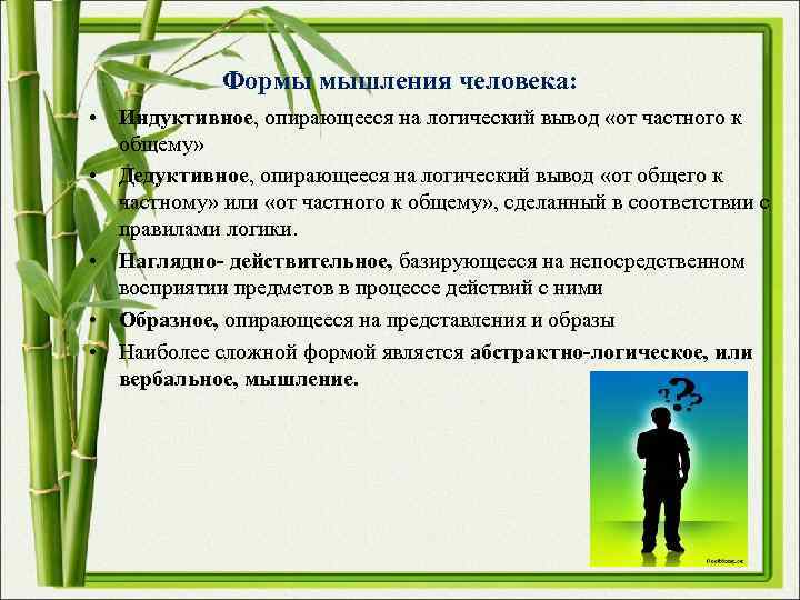 Формы мышления человека: • Индуктивное, опирающееся на логический вывод «от частного Формы мышления человека: • Индуктивное, опирающееся на логический вывод «от частного