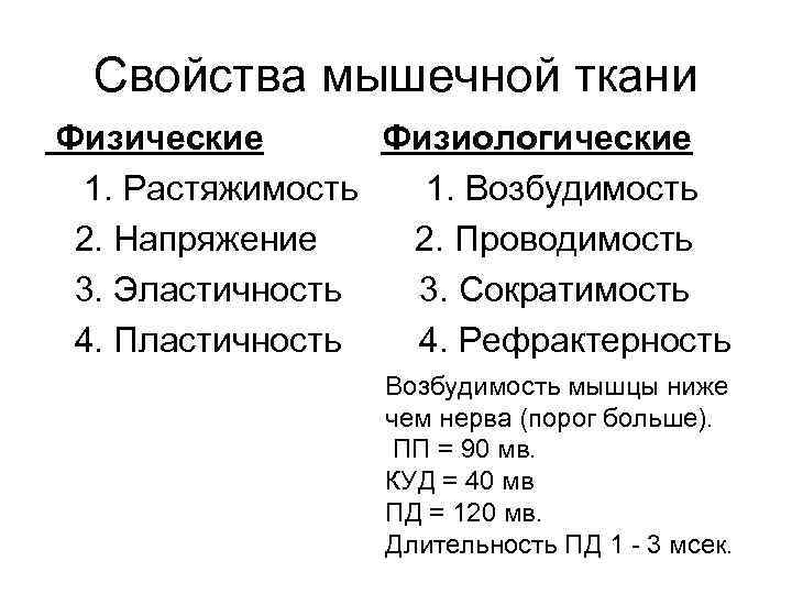 Свойства мышечной ткани Физические Физиологические 1. Растяжимость 1. Возбудимость 2. Свойства мышечной ткани Физические Физиологические 1. Растяжимость 1. Возбудимость 2.