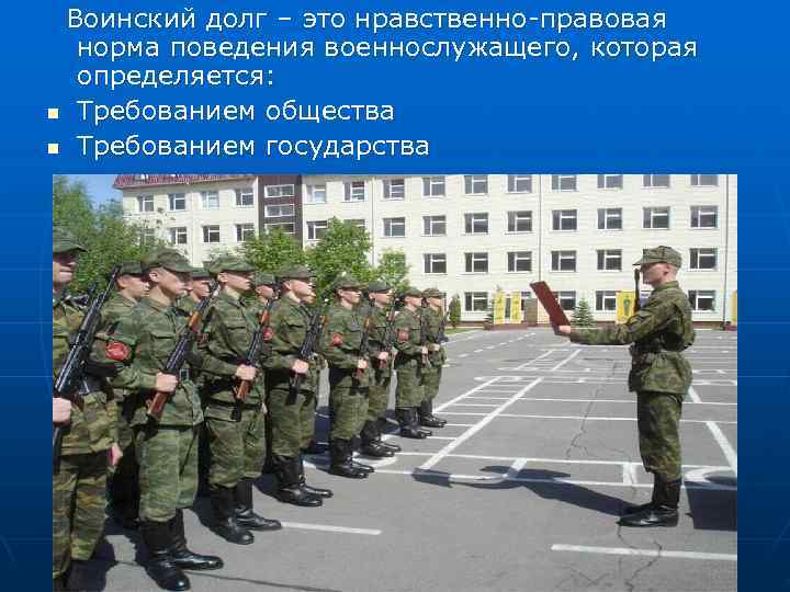  Воинский долг – это нравственно-правовая  норма поведения военнослужащего, которая  определяется: n