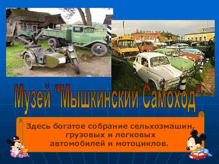 Здесь богатое собрание сельхозмашин,  грузовых и легковых автомобилей и мотоциклов. 