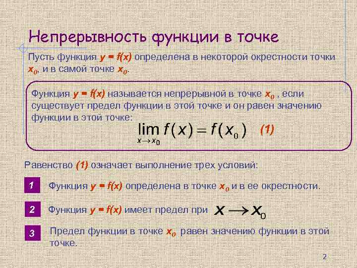 Непрерывность функции в точке Пусть функция y = f(x) определена в некоторой окрестности точки