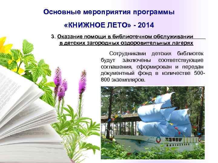 Основные мероприятия программы  «КНИЖНОЕ ЛЕТО» - 2014 3. Оказание помощи в библиотечном обслуживании