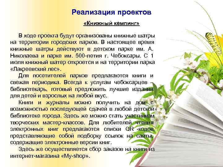      Реализация проектов      «Книжный кемпинг»