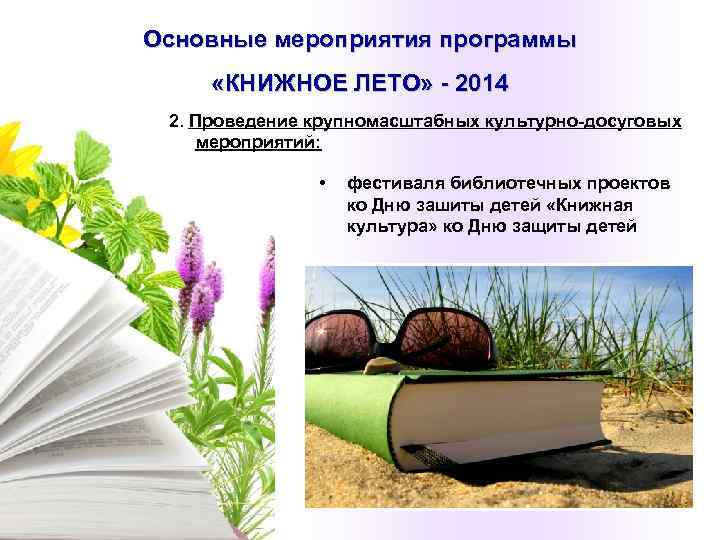 Основные мероприятия программы  «КНИЖНОЕ ЛЕТО» - 2014 2. Проведение крупномасштабных культурно-досуговых мероприятий: 