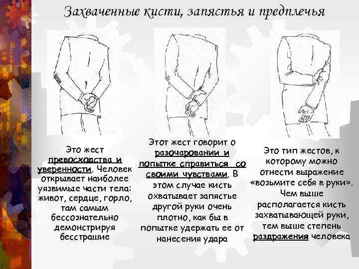  Захваченные кисти, запястья и предплечья     Этот жест говорит о