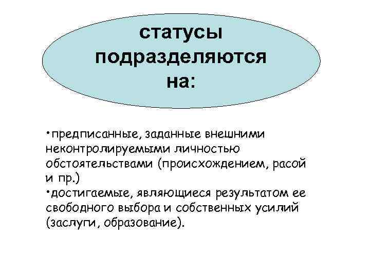   статусы  подразделяются   на: • предписанные, заданные внешними неконтролируемыми личностью