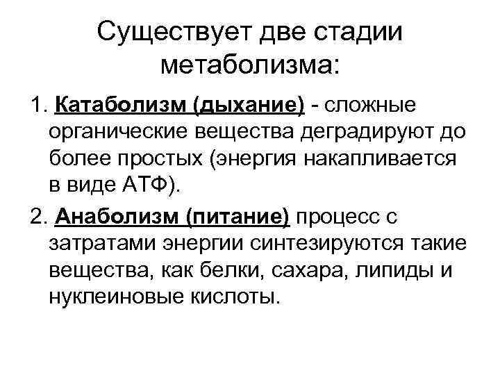  Существует две стадии   метаболизма: 1. Катаболизм (дыхание) - сложные  органические