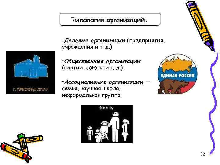  Типология организаций. • Деловые организации (предприятия, учреждения и т. д. )  •