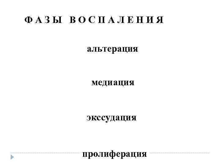 ФАЗЫ ВОСПАЛЕНИЯ альтерация медиация экссудация пролиферация ФАЗЫ ВОСПАЛЕНИЯ альтерация медиация экссудация пролиферация