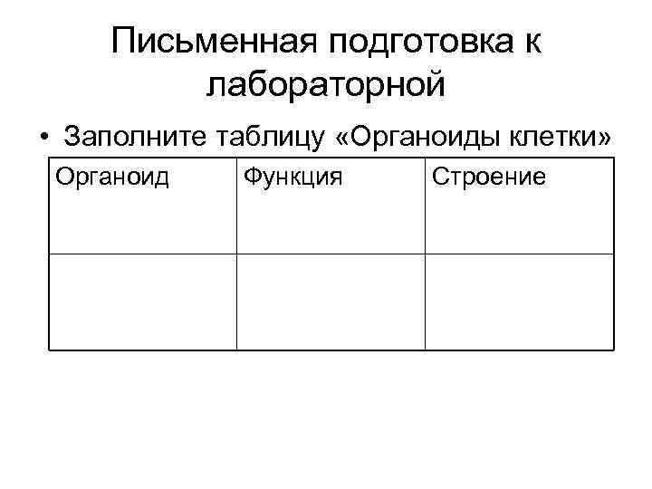   Письменная подготовка к   лабораторной • Заполните таблицу «Органоиды клетки» 