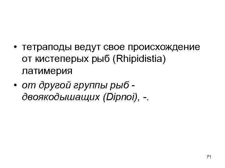  • тетраподы ведут свое происхождение  от кистеперых рыб (Rhipidistia)  латимерия •