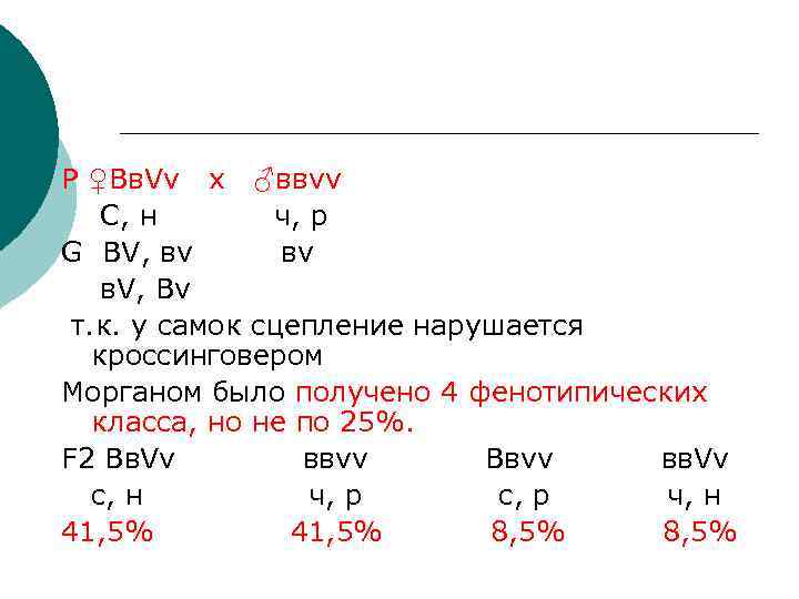 Р ♀Вв. Vv х ♂ввvv C, н  ч, р G ВV, вv в.