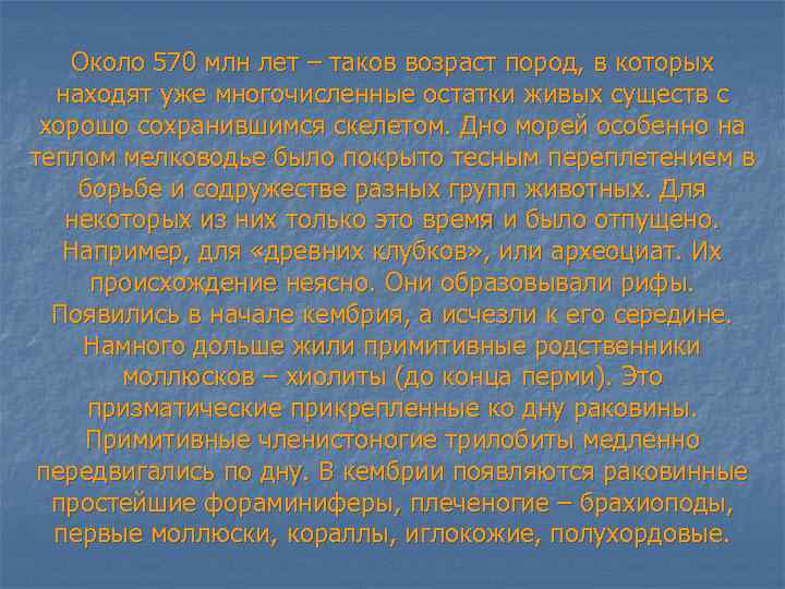 Около 570 млн лет – таков возраст пород, в которых находят уже многочисленные остатки