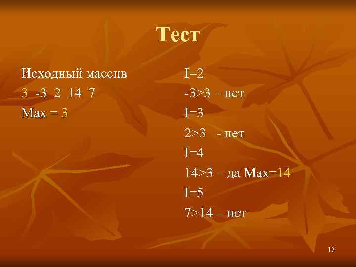    Тест Исходный массив I=2 3 -3 2 14 7  