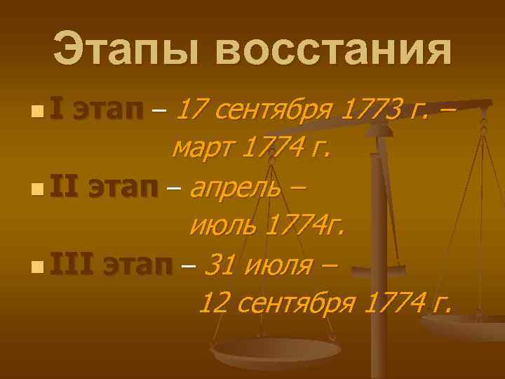  Этапы восстания n. I этап – 17 сентября 1773 г. –  март