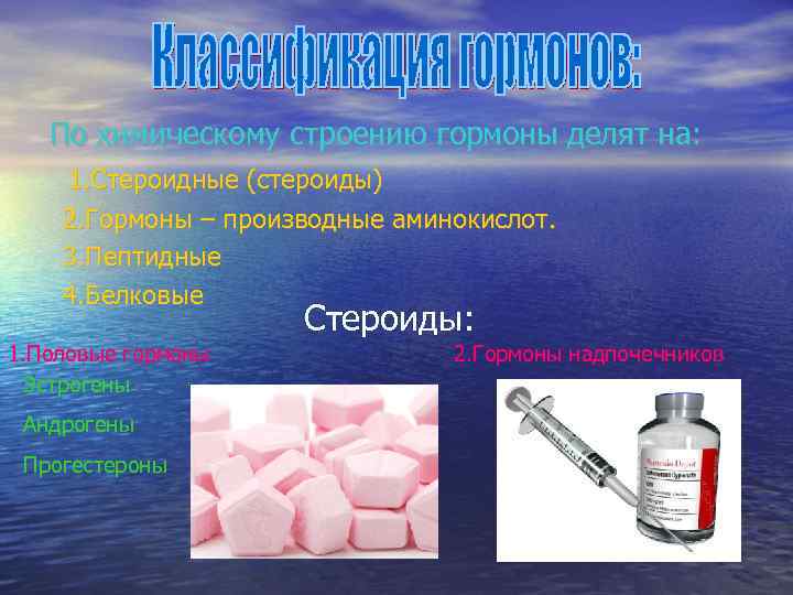   По химическому строению гормоны делят на: 1. Стероидные (стероиды) 2. Гормоны –