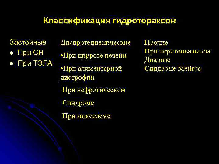   Классификация гидротораксов Застойные  Диспротеинемические  Прочие l При СН  