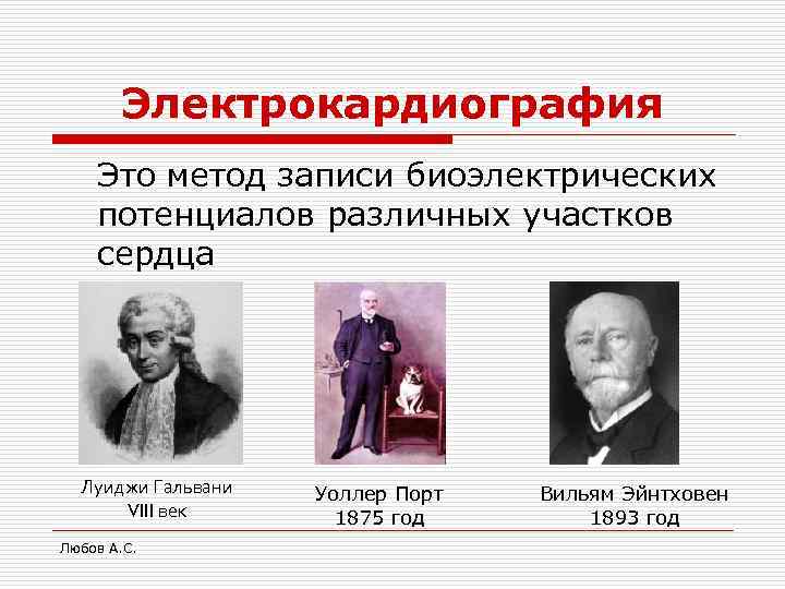   Электрокардиография Это метод записи биоэлектрических потенциалов различных участков сердца  Луиджи Гальвани
