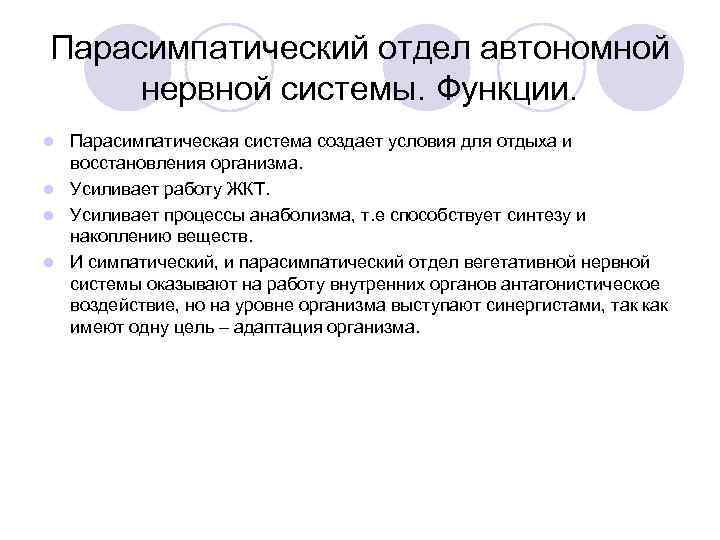 Парасимпатический отдел автономной  нервной системы. Функции. l Парасимпатическая система создает условия для отдыха
