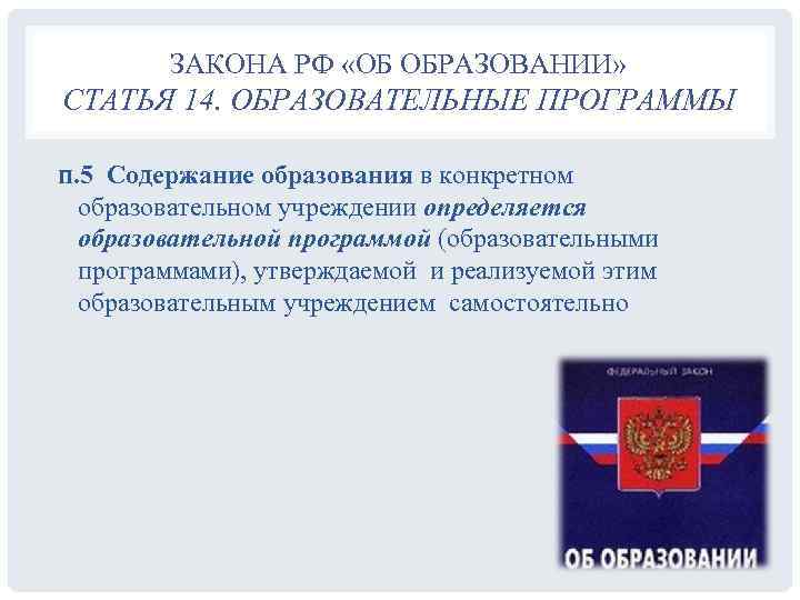    ЗАКОНА РФ «ОБ ОБРАЗОВАНИИ» СТАТЬЯ 14. ОБРАЗОВАТЕЛЬНЫЕ ПРОГРАММЫ п. 5 Содержание