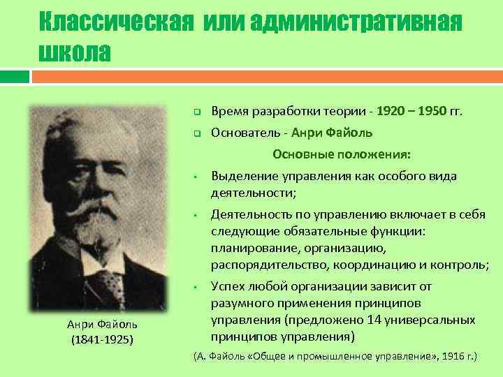 Классическая или административная школа    q  Время разработки теории - 1920