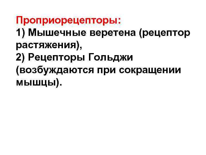 Проприорецепторы: 1) Мышечные веретена (рецептор растяжения), 2) Рецепторы Гольджи (возбуждаются при сокращении мышцы). Проприорецепторы: 1) Мышечные веретена (рецептор растяжения), 2) Рецепторы Гольджи (возбуждаются при сокращении мышцы).