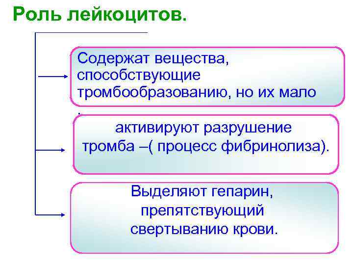 Роль лейкоцитов.  Содержат вещества,  способствующие тромбообразованию, но их мало .  
