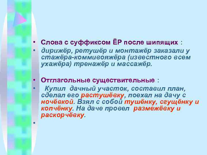  • Слова с суффиксом ЁР после шипящих :  • дирижёр, ретушёр и