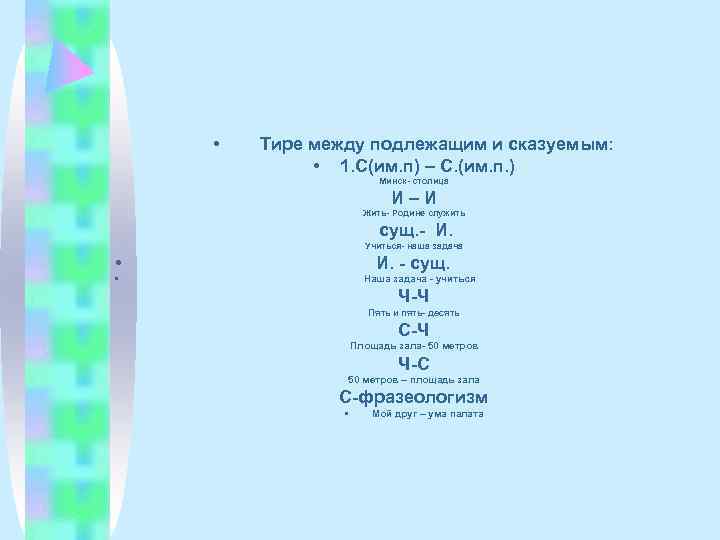  •  Тире между подлежащим и сказуемым:    • 1. С(им.