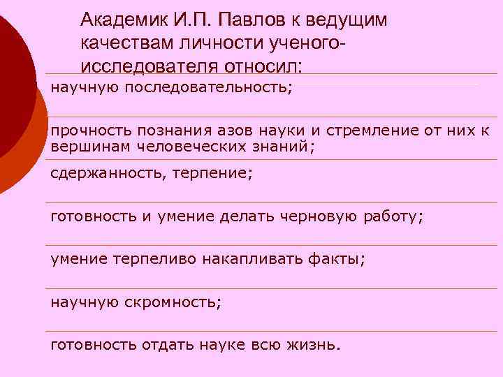 Академик И. П. Павлов к ведущим качествам личности ученого- исследователя Академик И. П. Павлов к ведущим качествам личности ученого- исследователя