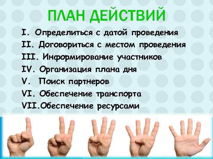  ПЛАН ДЕЙСТВИЙ I. Определиться с датой проведения II. Договориться с местом проведения III.