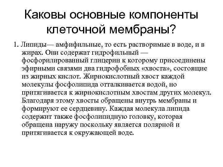   Каковы основные компоненты  клеточной мембраны? 1. Липиды— амфифильные, то есть растворимые