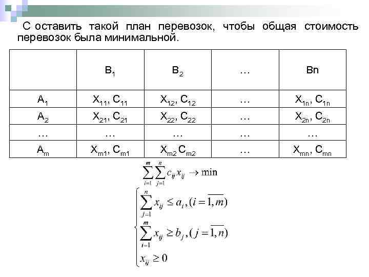  C оставить такой план перевозок, чтобы общая стоимость  перевозок была минимальной. 