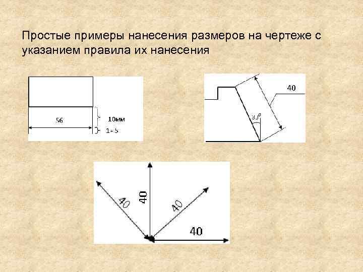 Простые примеры нанесения размеров на чертеже с указанием правила их нанесения 