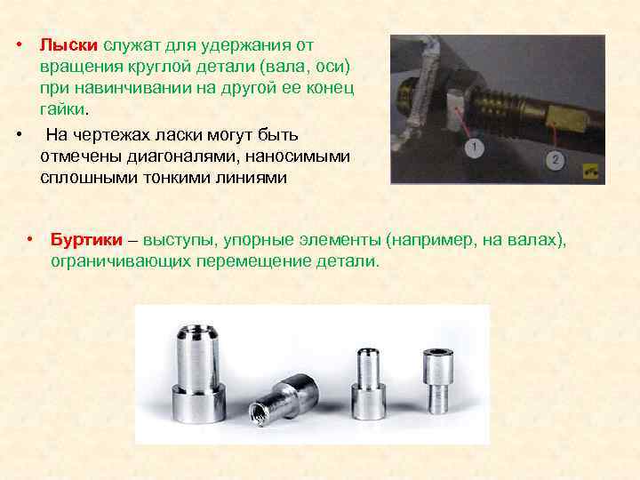  • Лыски служат для удержания от  вращения круглой детали (вала, оси) 