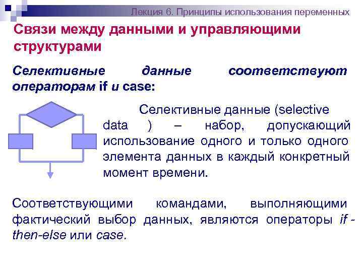    Лекция 6. Принципы использования переменных Связи между данными и управляющими структурами