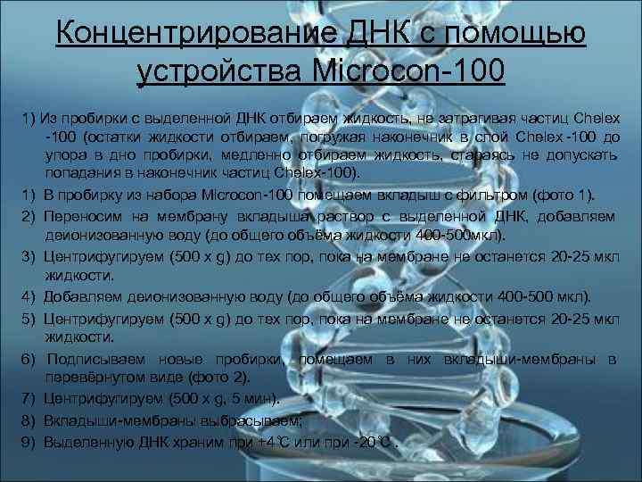   Концентрирование ДНК с помощью   устройства Microcon-100 1) Из пробирки с